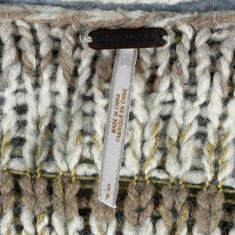 Free People Chunky Knit Striped Cropped Sweater Tan Cream Wool Blend S/P